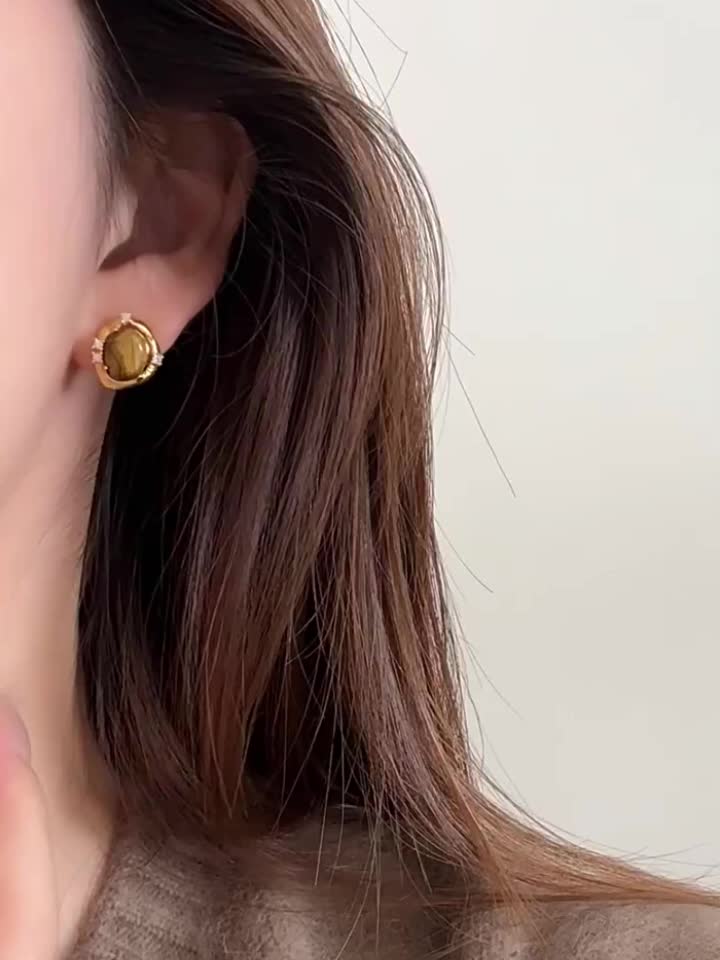 Elegant Tiger's Eye Stone Inlaid Geometric Stud Earrings